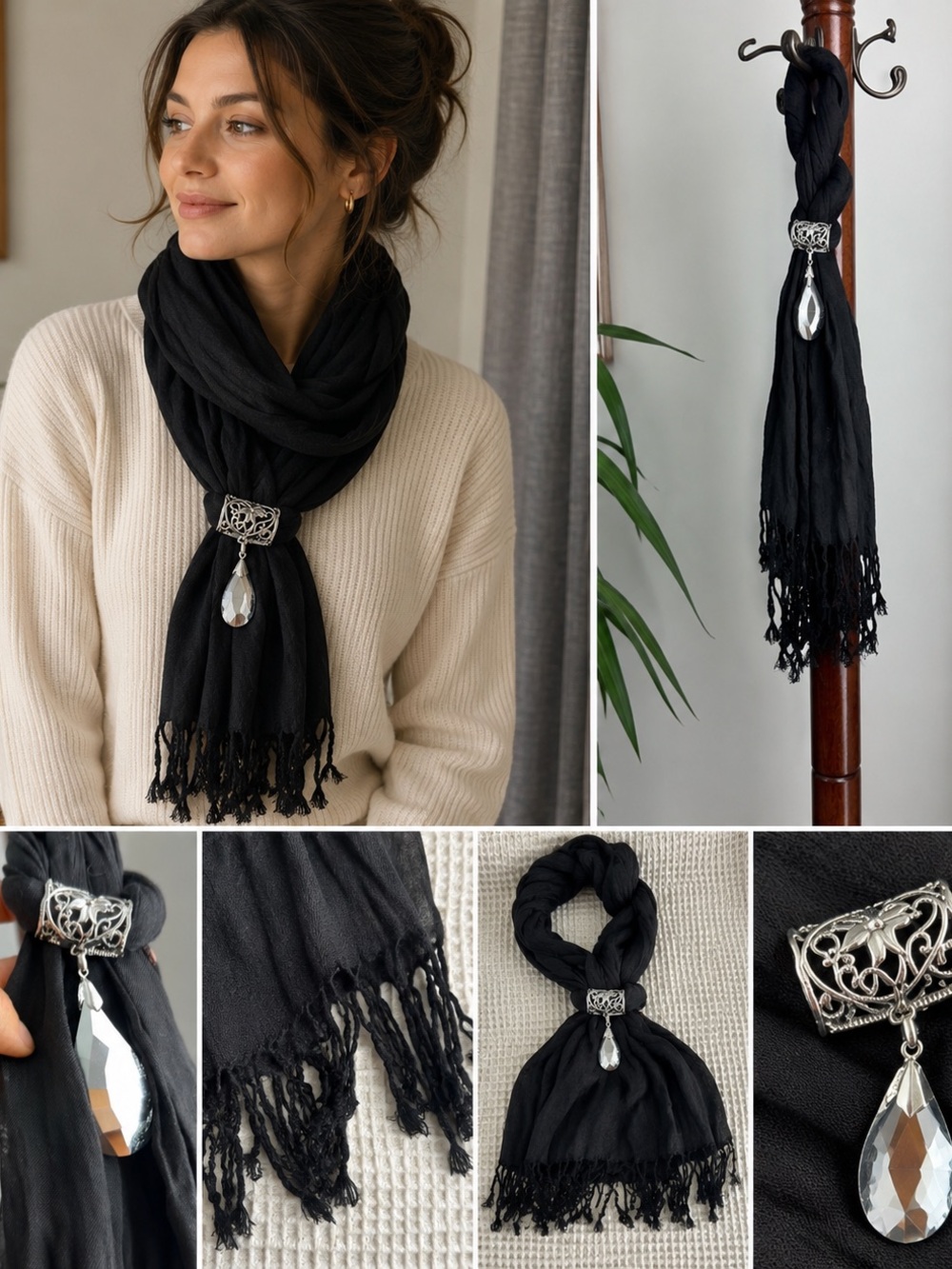 Vintage Black Scarf With Silver Charm & Tassels